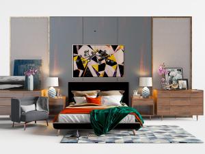 北欧黑色布艺双人床、床头柜和休闲椅3d模型 北欧黑色布艺双人床、床头柜和休闲椅