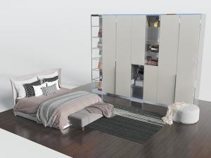 现代软包双人床、床尾凳和衣柜3d模型 现代软包双人床、床尾凳和衣柜