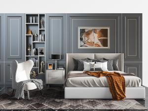 美式软包床头双人床、高背休闲椅和床头背景墙3d模型 美式软包床头双人床、高背休闲椅和床头背景墙