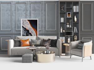 新中式灰色多人沙发、单人沙发和沙发背景墙3d模型 新中式灰色多人沙发、单人沙发和沙发背景墙