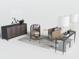 新中式单人沙发、边柜和端景台3d模型 新中式单人沙发、边柜和端景台