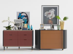 现代轻色装饰柜、端景台和饰品摆件组合