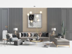 现代轻奢灰色多人沙发、单人沙发、美人榻和茶几组合