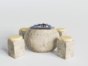 中式鼓形石桌和方形石凳、茶盘