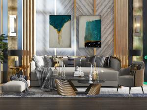 新中式灰色多人沙发、单人沙发和沙发背景墙