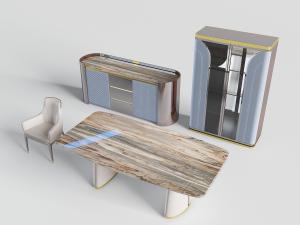 新中式椭圆形的装饰柜、长方形茶几和书柜