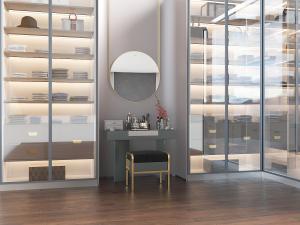 现代更衣室玻璃柜门的衣柜和梳妆台