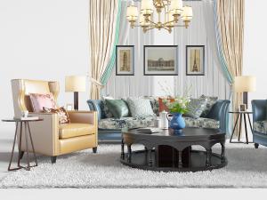 简欧蓝色皮革多人沙发、单人沙发和圆形茶几组合