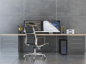 现代带有抽屉支架的双人书桌椅、电脑音响3d模型 现代带有抽屉支架的双人书桌椅、电脑音响