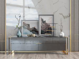 新中式泛着金属光泽的黑色装饰柜、饰品摆件