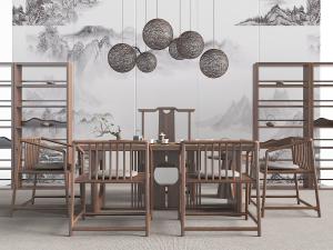 中式实木镂空茶桌椅组合