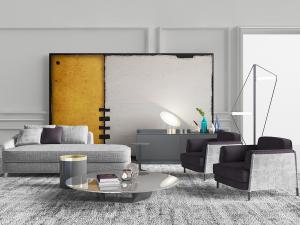 新中式灰色美人榻、拼色单人沙发和边柜