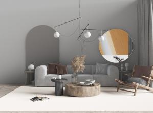 北欧浅灰色多人沙发、休闲椅和实木圆形茶几组合