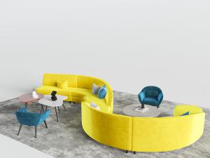 大堂客厅黄色双向弧形多人沙发、蓝色单人沙发