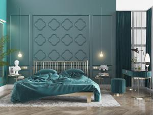 现代轻奢金属栏杆床头双人床、梳妆台