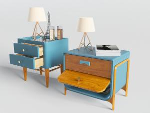 地中海风格的蓝色实木拼接床头柜、台灯