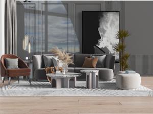 现代灰色弧形多人沙发、单人沙发和沙发凳组合