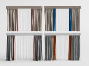 新中式咖啡色拼接橙色、蓝色的布艺窗帘