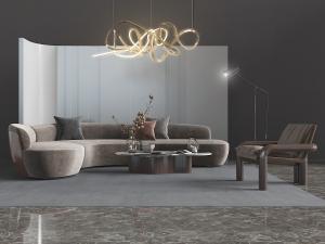 新中式弧形绒布多人沙发、休闲椅和茶几组合