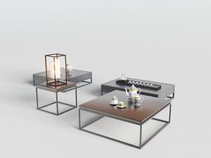 新中式方形金属支架茶几、边几和茶具3d模型 新中式方形金属支架茶几、边几和茶具