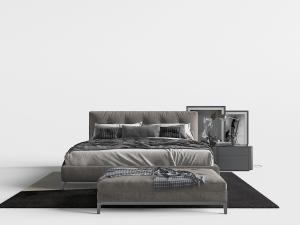 现代灰色软包双人床、床尾凳和床头柜