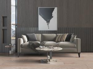 新中式浅赭色多人沙发、大理石茶几和边几