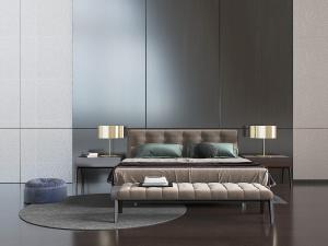 现代轻奢布艺双人床、床尾凳和床头柜