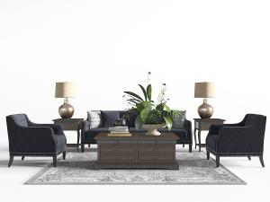 美式黑色带铆钉装饰的多人沙发、单人沙发组合