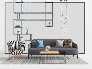 现代布艺多人沙发、黑白条纹单人沙发组合