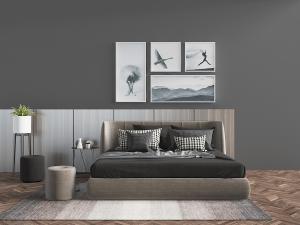 现代布艺双人床、床头背景墙