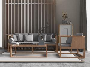 中式实木支架的多人沙发、单人沙发和茶几组合