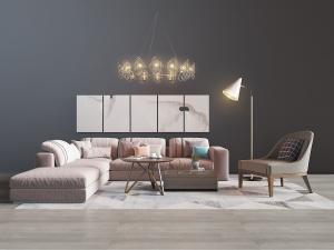 北欧灰粉色转角多人沙发、休闲椅和吊灯