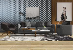 现代深灰色多人沙发、休闲椅和茶几组合