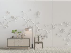 新中式装饰柜、落地灯和休闲椅