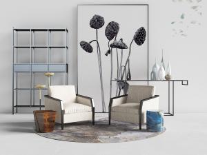 中式灰白色单人沙发、扶手椅和装饰画3d模型 中式灰白色单人沙发、扶手椅和装饰画