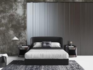 现代黑色带弧度床头的双人床、床头柜