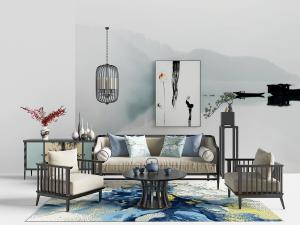 中式实木边框的多人沙发、单人沙发组合