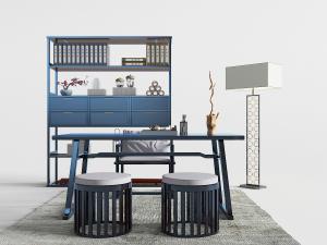 新中式蓝色装饰柜、茶桌椅组合