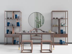 中式实木茶桌椅、竹子装饰背景墙