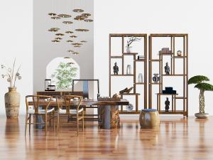 中式原始纹理的长方形茶桌、茶具和装饰柜