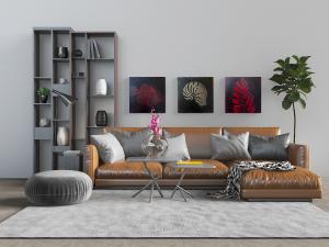 现代棕色真皮转角多人沙发、圆形坐墩和装饰柜