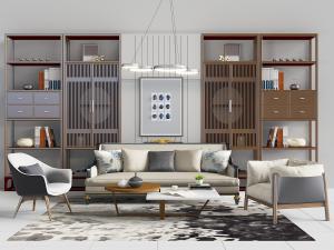 新中式多人沙发、单人沙发和休闲椅组合