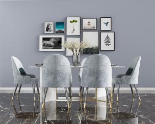 北欧大理石和金属拼接餐桌搭配布艺餐椅组合