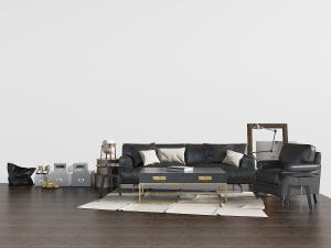 现代黑色真皮多人沙发、单人沙发和长方形茶几组合