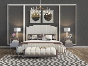 简欧奶黄色套索纹理的床头双人床、吊灯