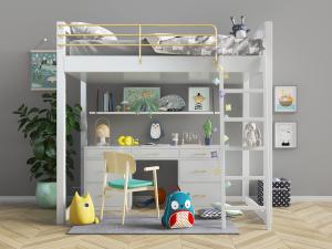 现代北欧白色下面带书桌的上铺