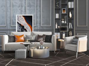 新中式浅灰色多人沙发、单人沙发、边几和圆形茶几