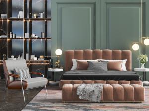 脏粉色软包块状双人床、床尾凳和床头背景墙