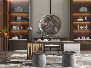 中式茶桌凳组合、茶具和背景墙