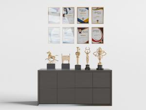 新中式深色玄关装饰柜、荣誉证书背景墙